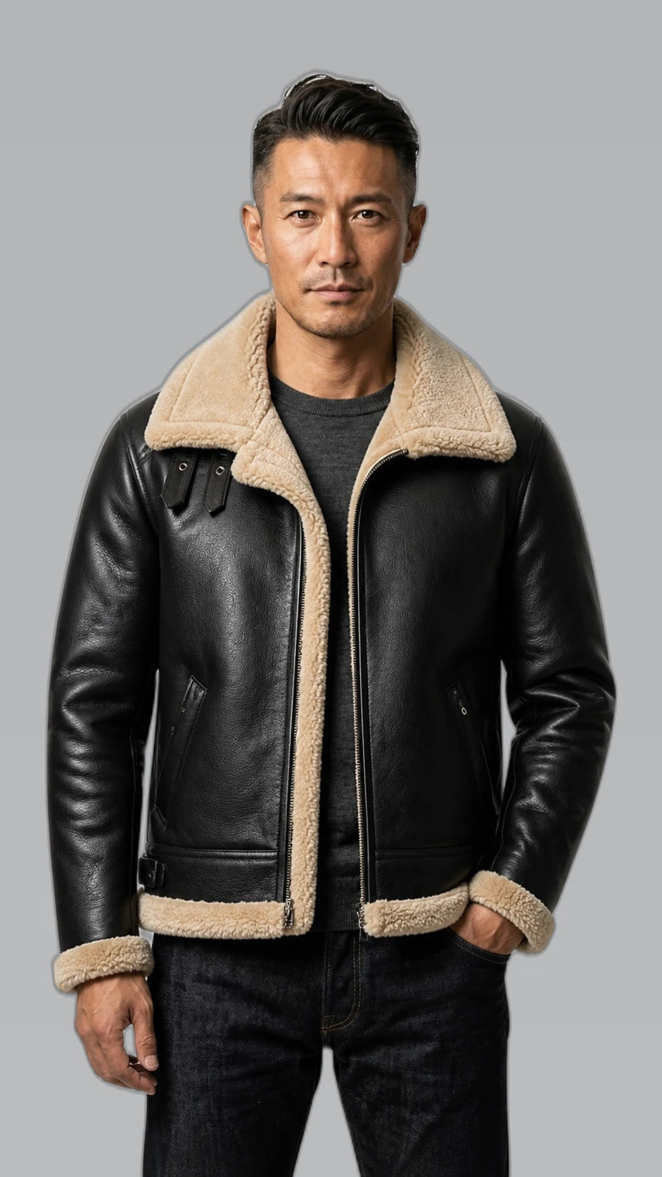 Japanese collection jacket on consistent cool gray background