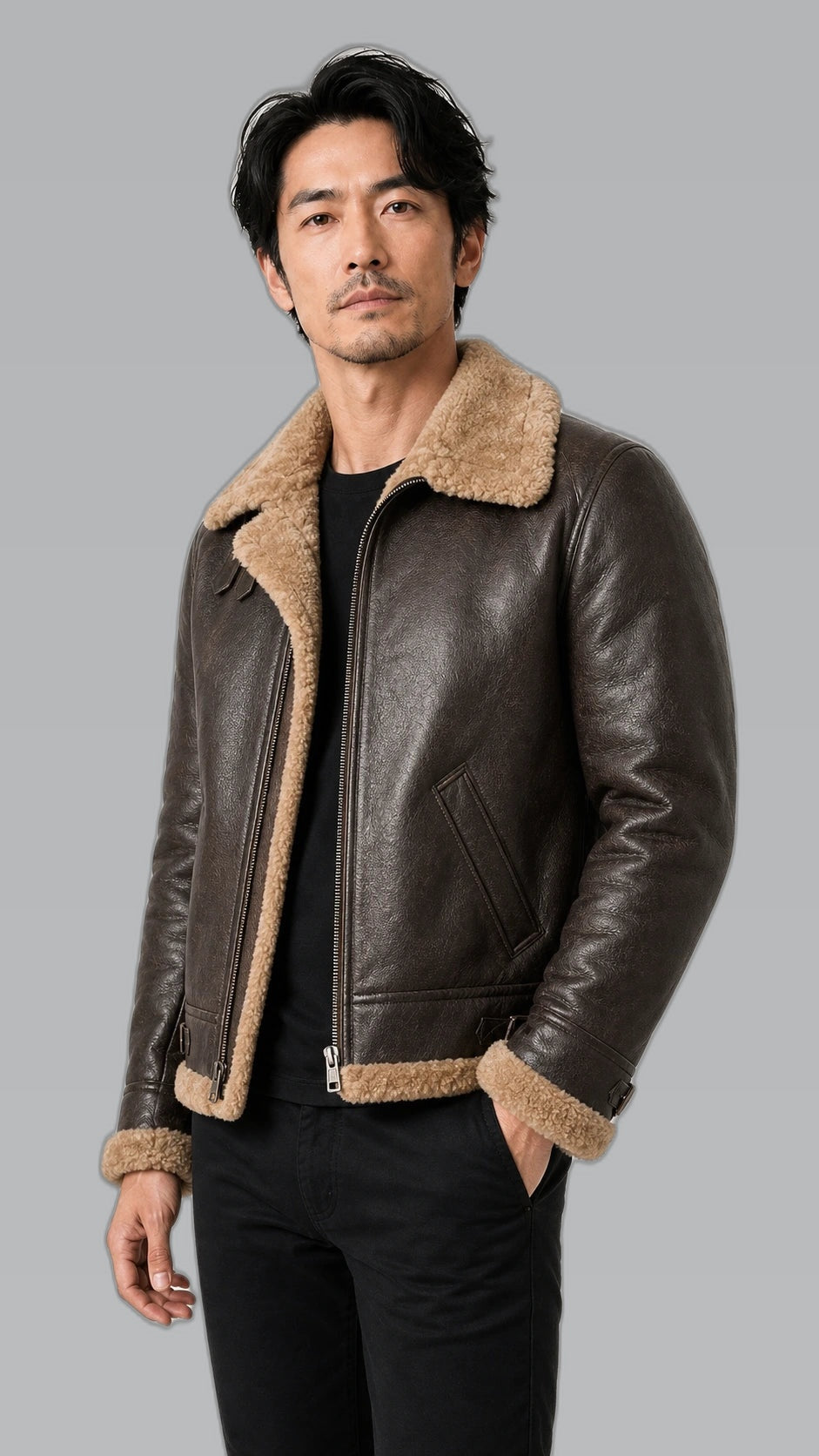 Japanese collection jacket on consistent cool gray background