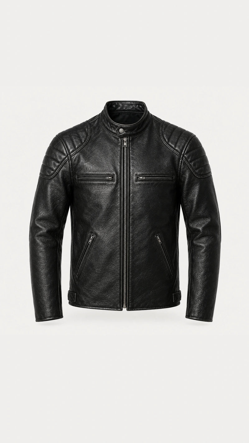 Men's black leather biker jacket in vintage matte cowhide, front view