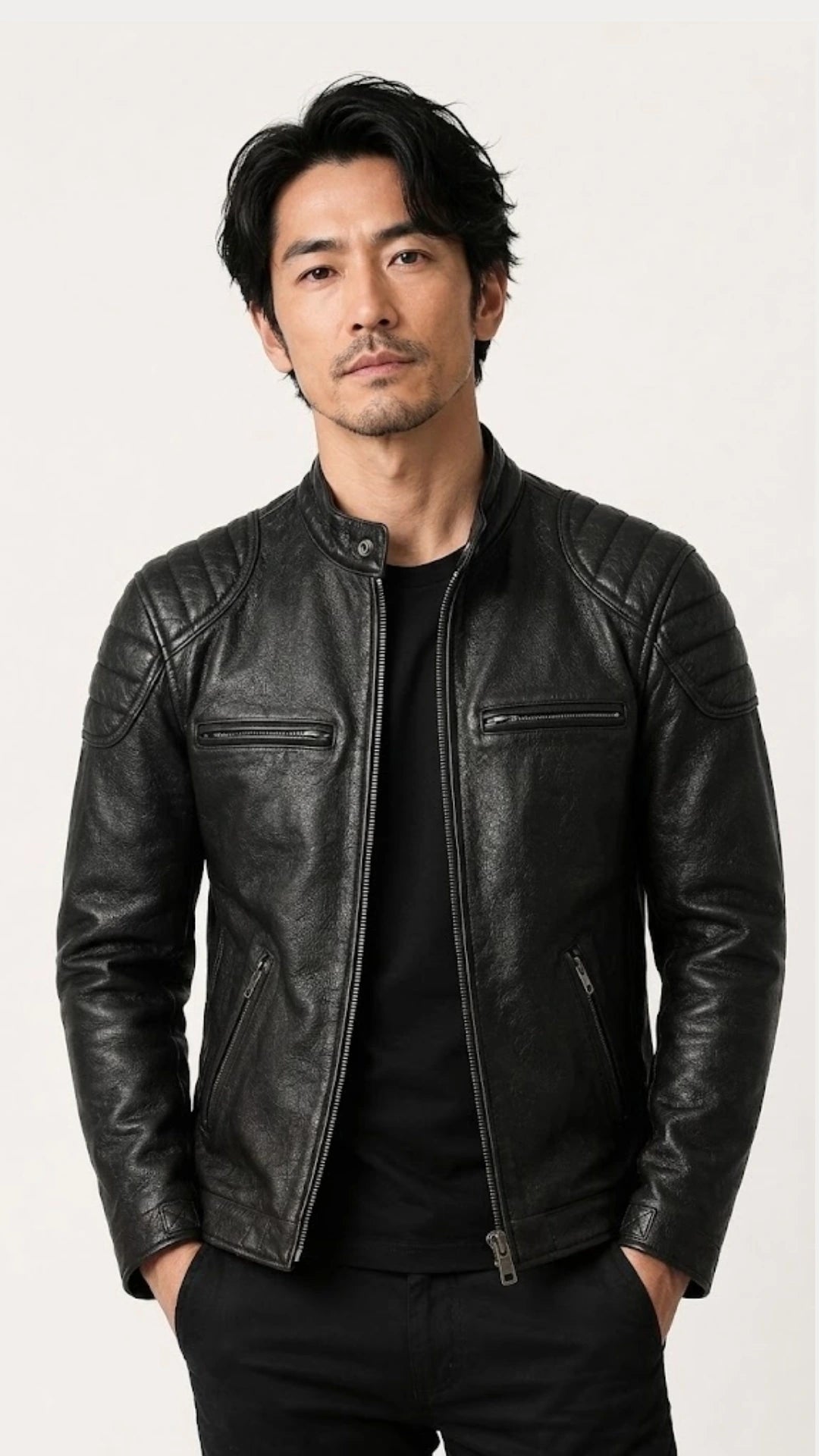 Close three-quarter shot of a man in the black leather biker jacket