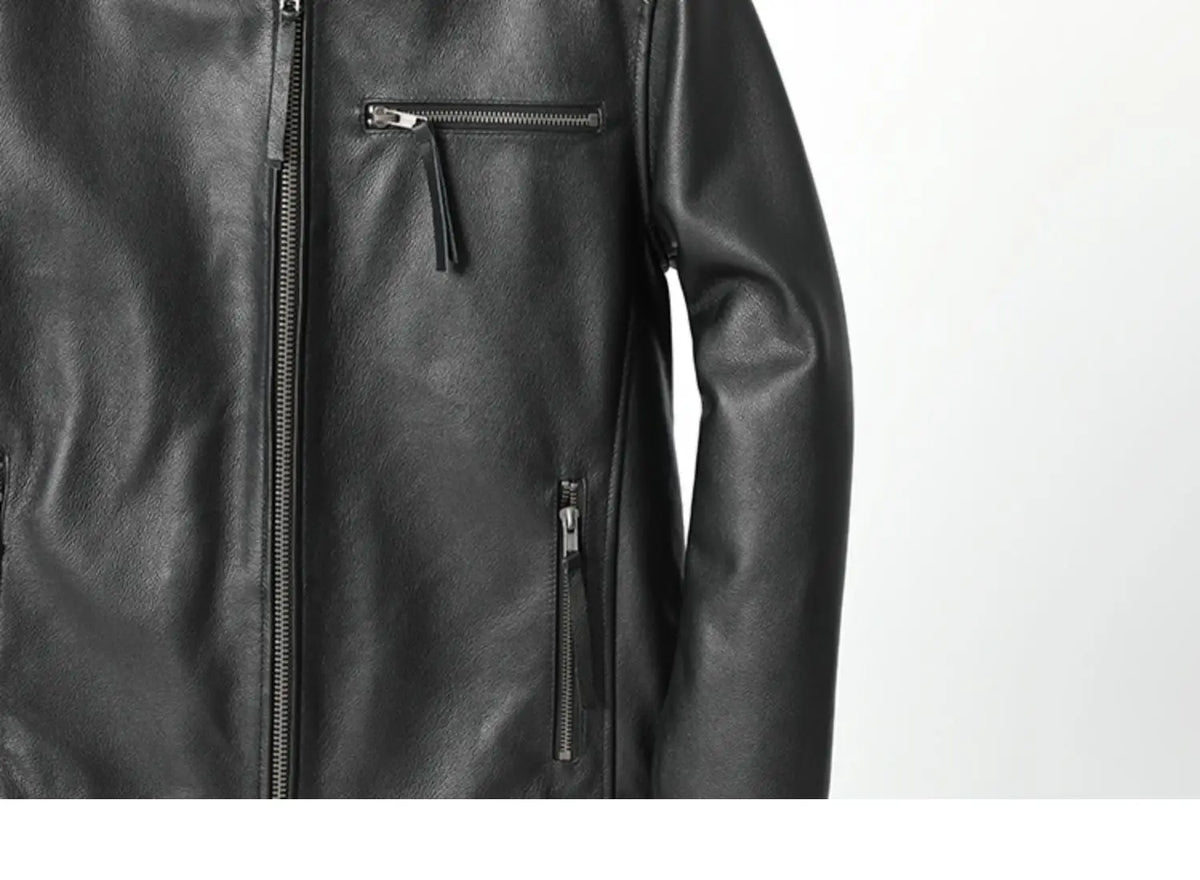 Horizontal chest zip and cowhide grain detail