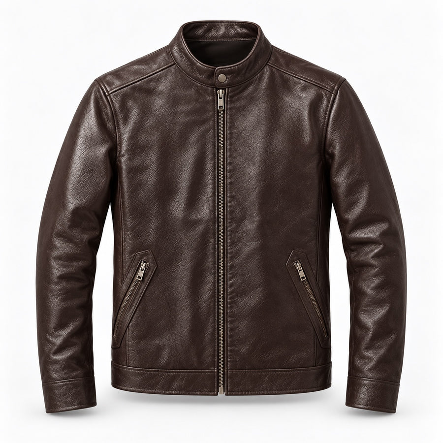 Dark brown stand-collar cowhide jacket — clean front view