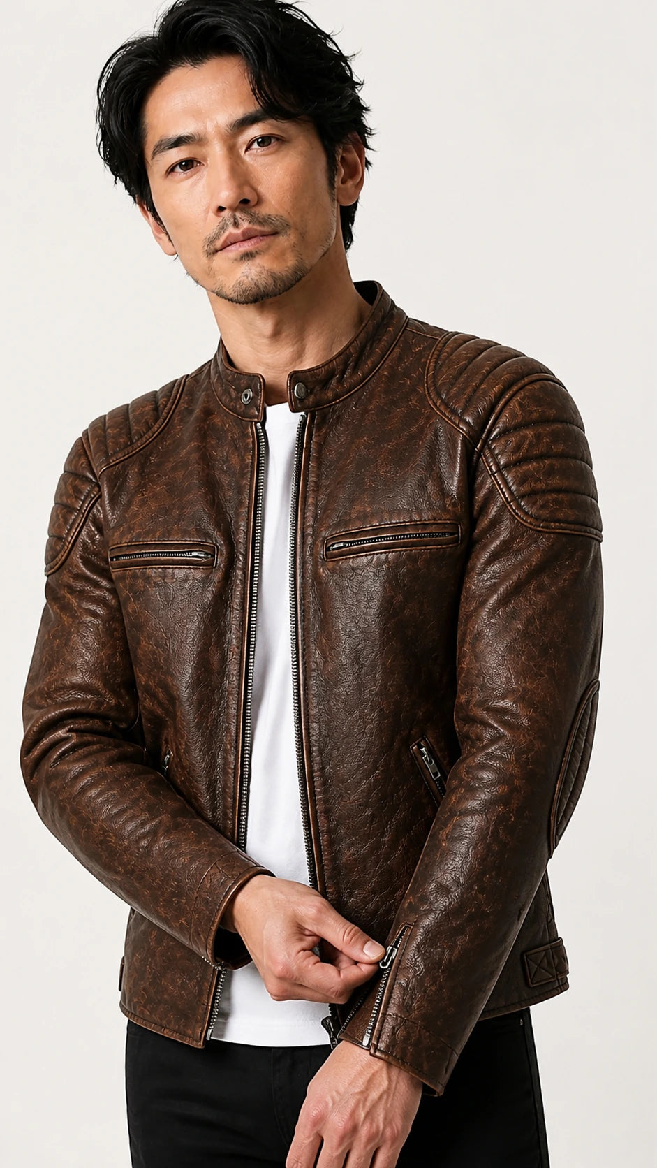 Man standing in the distressed brown leather biker jacket