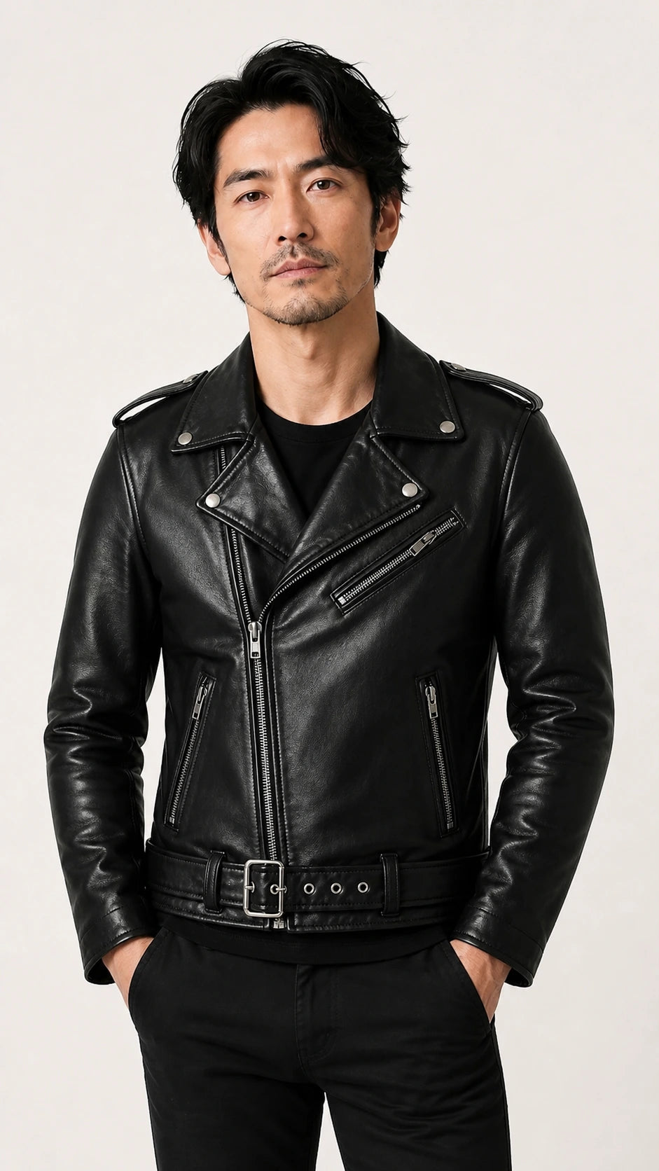Man wearing the black double rider jacket with hands in pockets