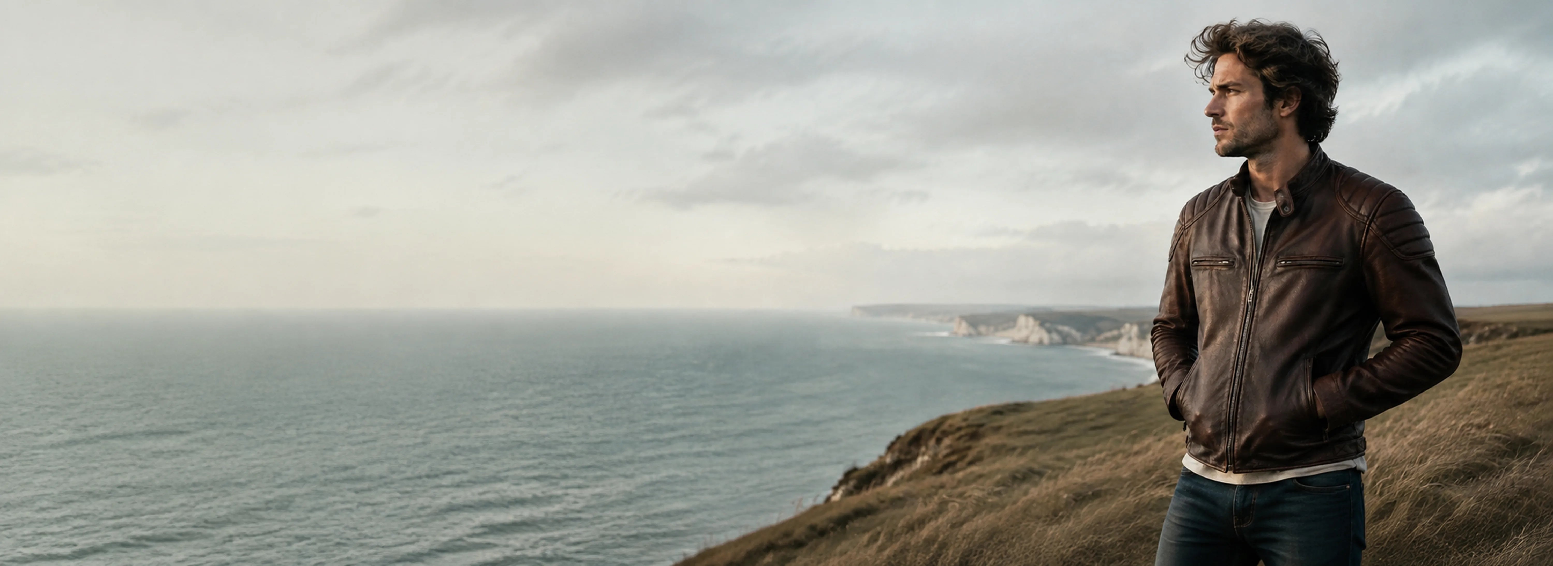 Man wearing the EKROZ Vintage Brown Biker Jacket on the British coast