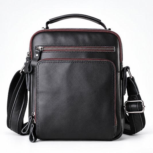 Smooth Black Leather Messenger Bag
