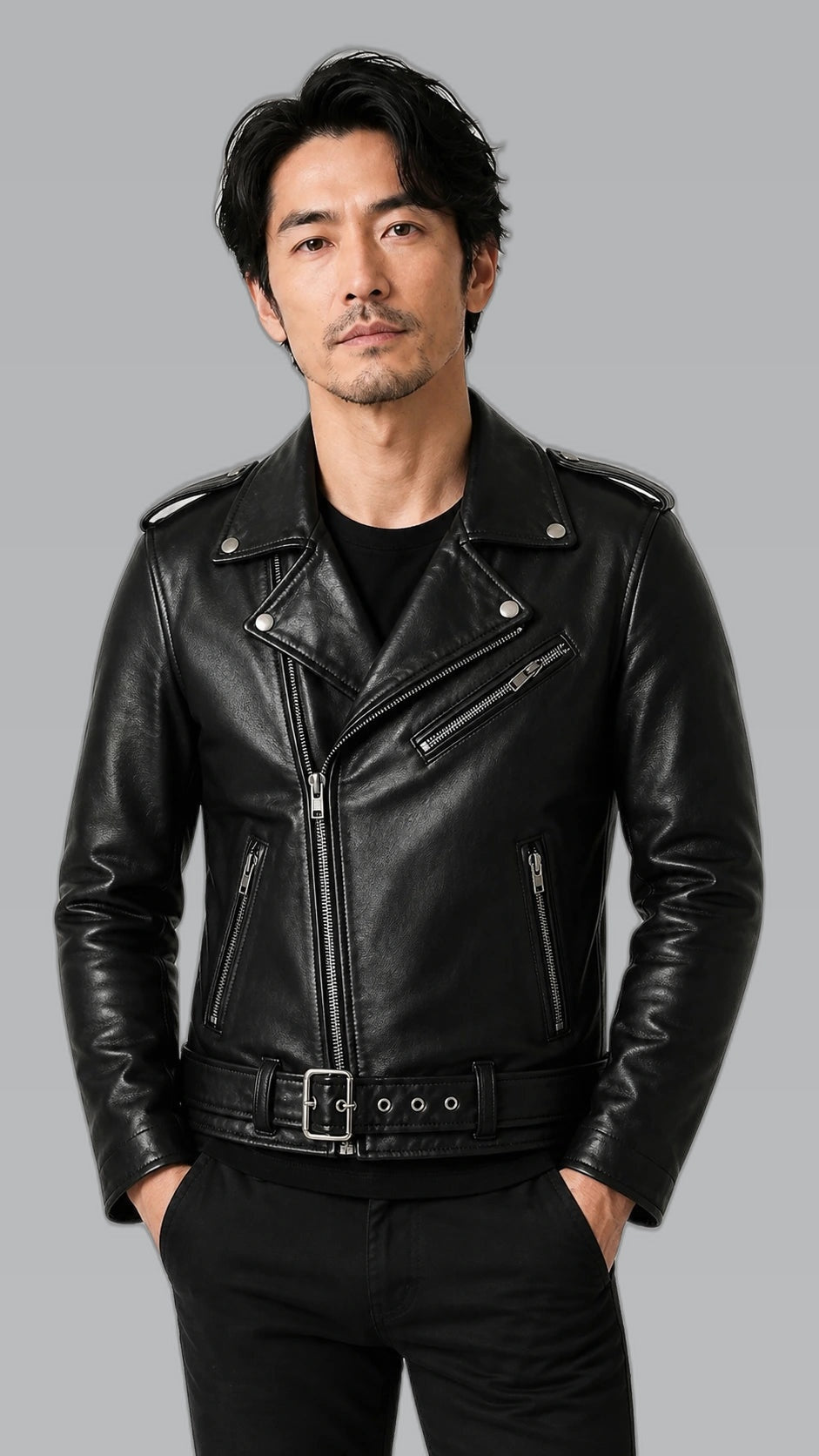 Japanese collection jacket on consistent cool gray background