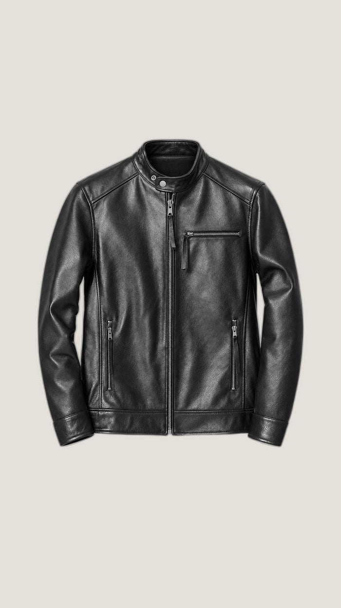 Black Cowhide Café Racer Jacket — 100% Genuine Leather