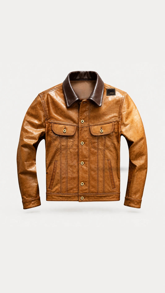 Men's tan goatskin storm rider jacket with contrast brown collar, front view