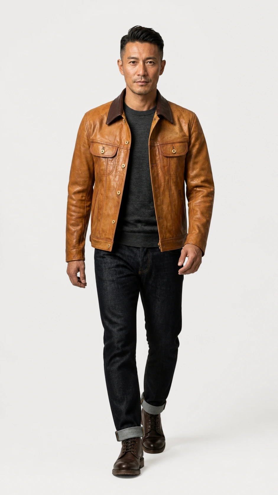 Full-length walking shot of the tan goatskin trucker jacket