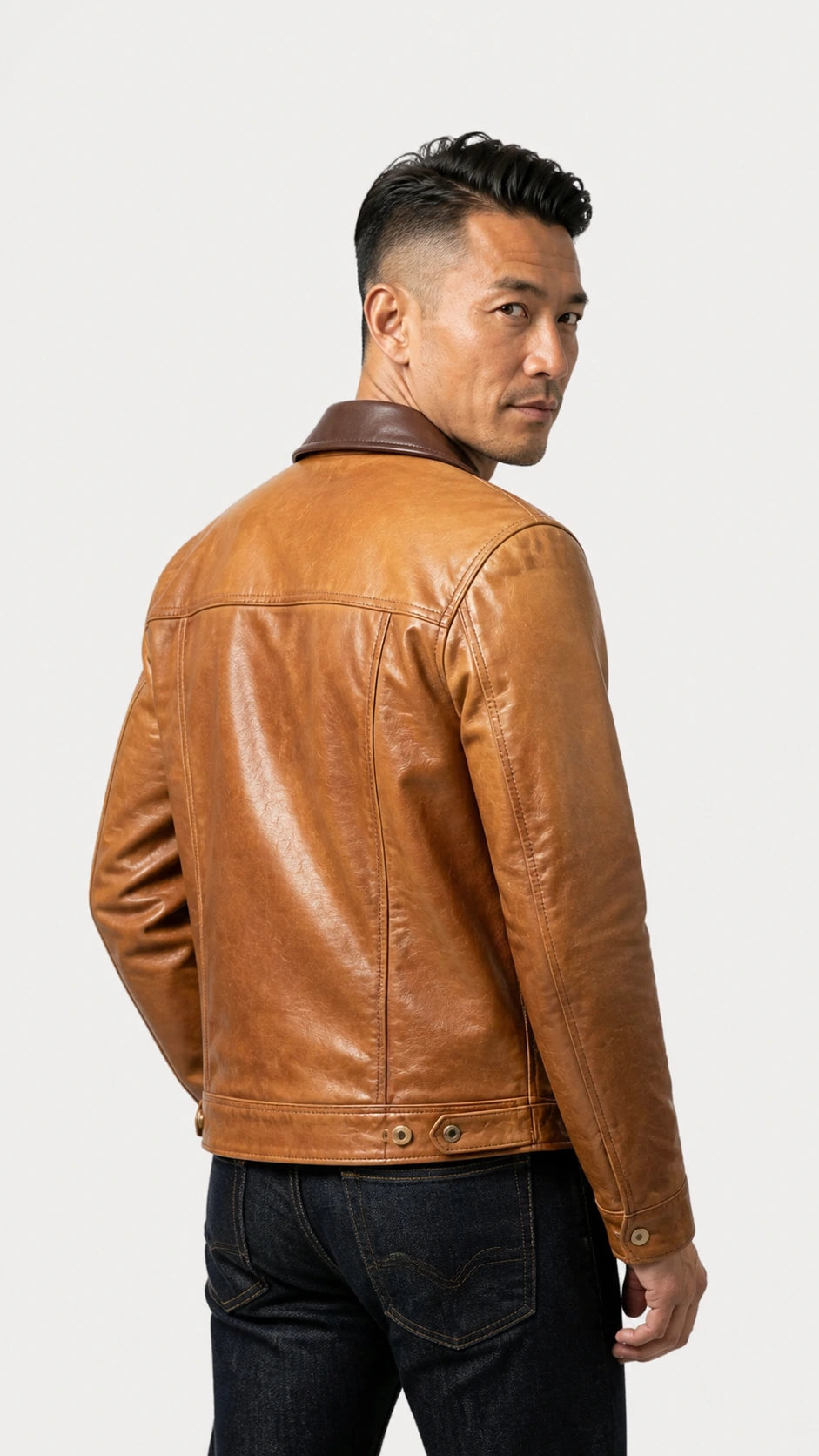 Back view of a man in the tan goatskin storm rider jacket