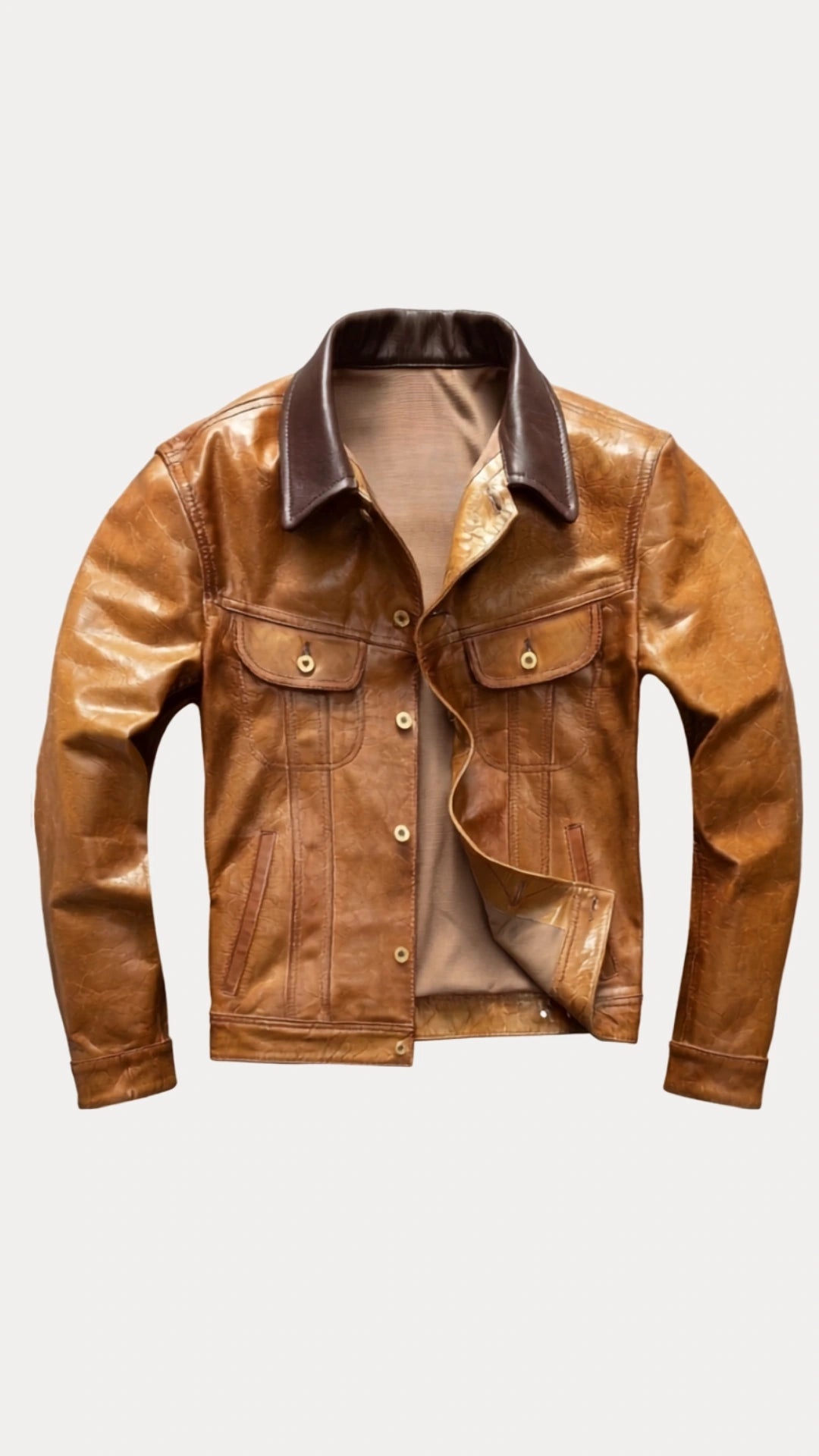 Tan leather trucker jacket shown open with the lining visible