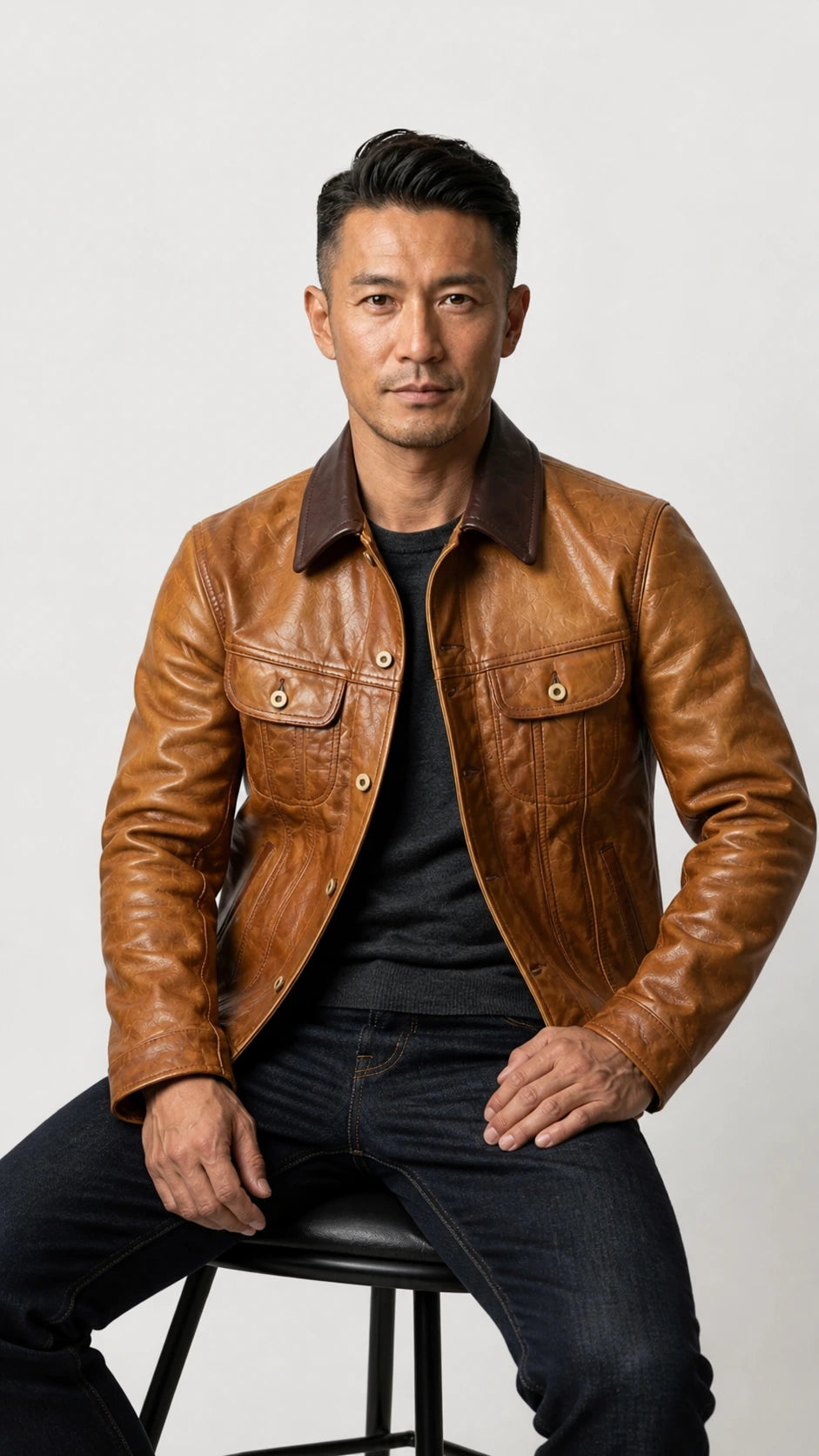 Man seated in the tan goatskin jacket with the contrast collar turned down