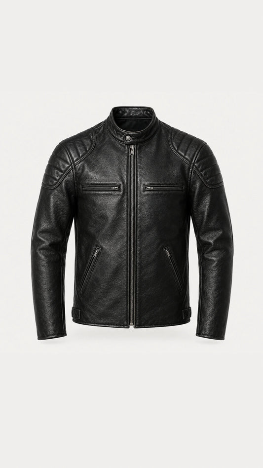Men's black leather biker jacket in vintage matte cowhide, front view