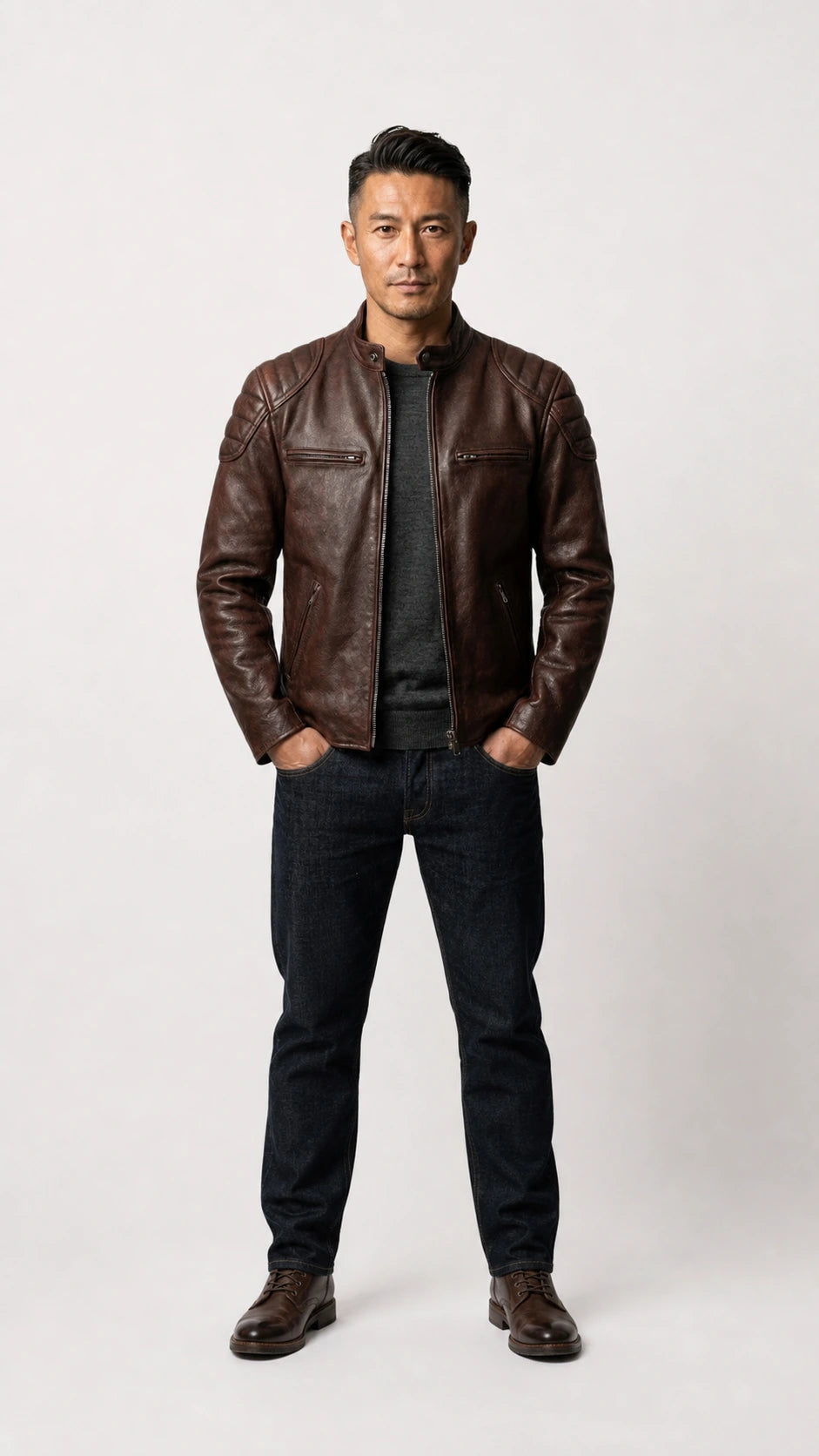 Full-length shot of a man in the vintage brown biker jacket and dark jeans