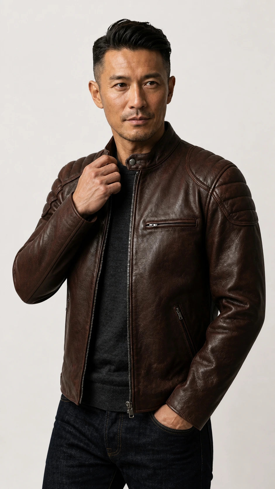 Man adjusting the collar of the vintage brown leather biker jacket