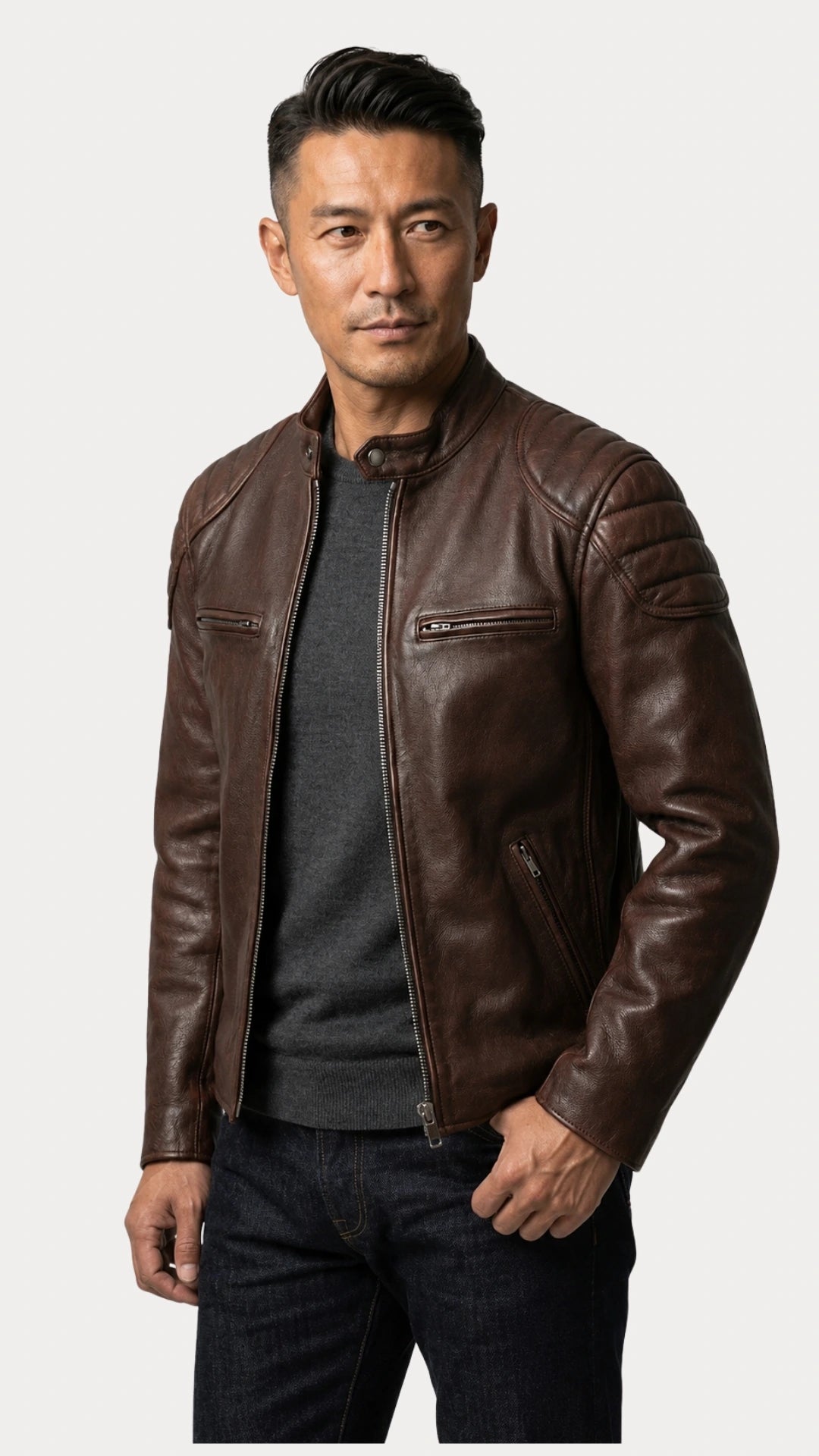 Man in the vintage brown biker jacket, three-quarter view