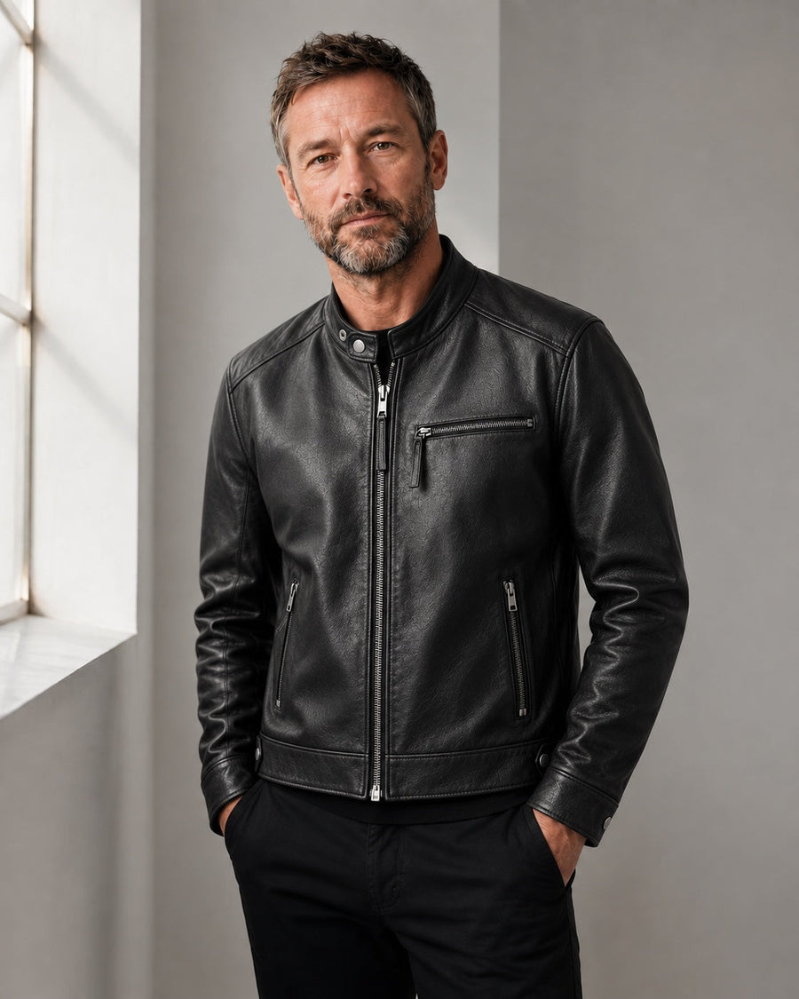 Black Cowhide Cafe Racer Jacket — English studio model