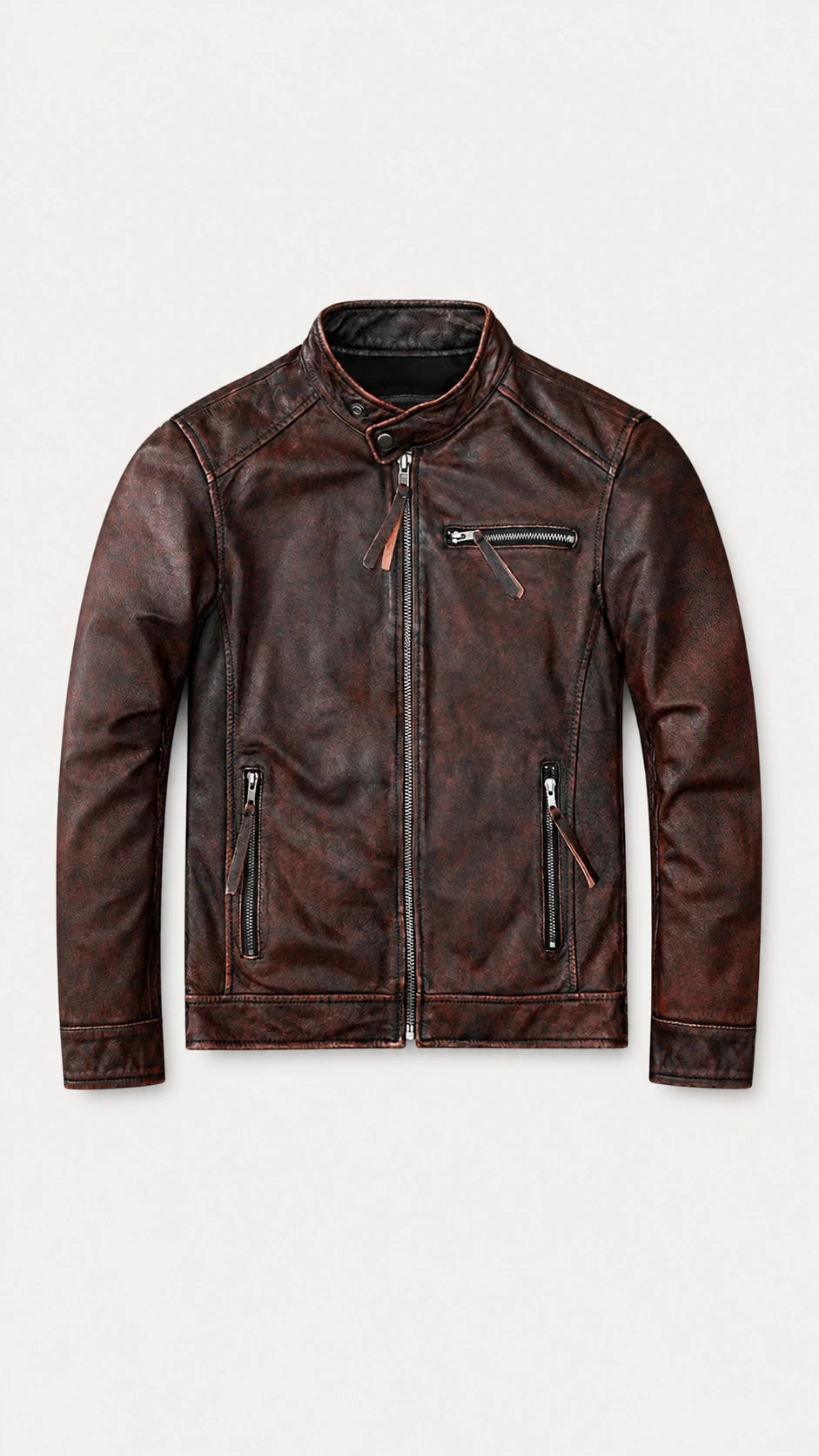 Men's oxblood cafe racer leather jacket in waxed cowhide, front view