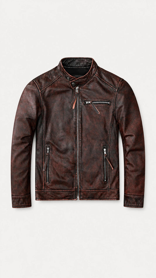 Men's oxblood cafe racer leather jacket in waxed cowhide, front view