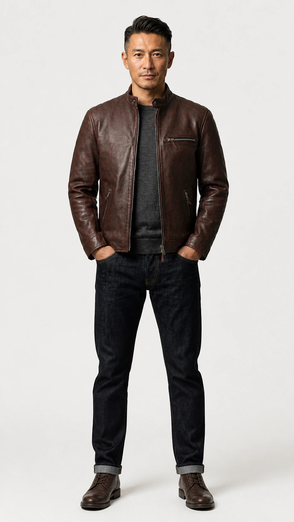 Full-length front view of the oxblood cafe racer jacket with dark jeans