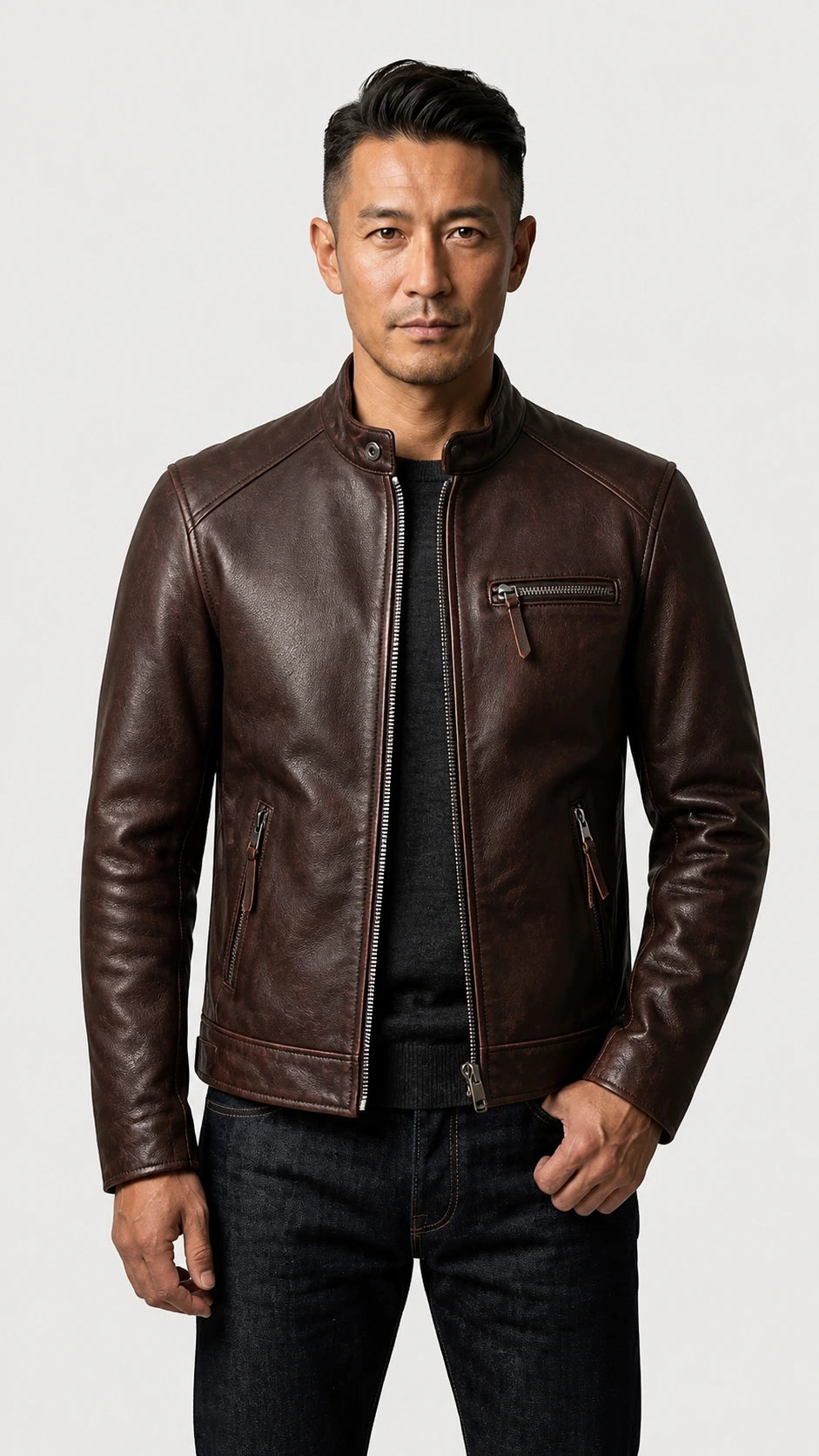 Three-quarter view of a man wearing the oxblood cafe racer jacket