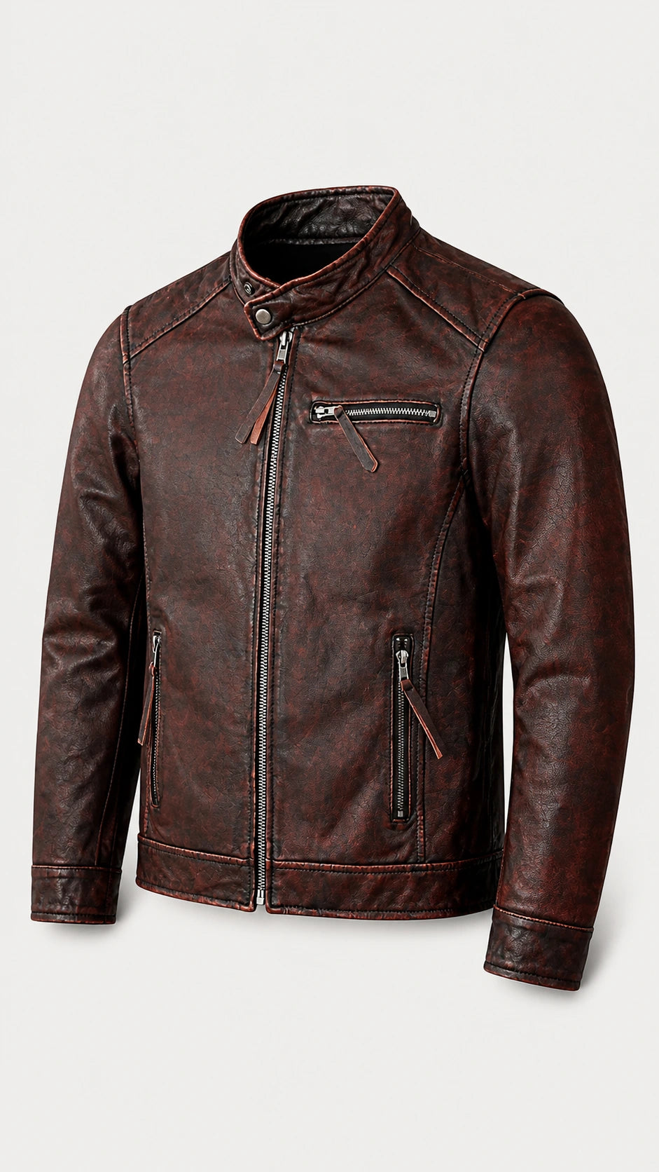 Oxblood cafe racer jacket with the stand collar turned up