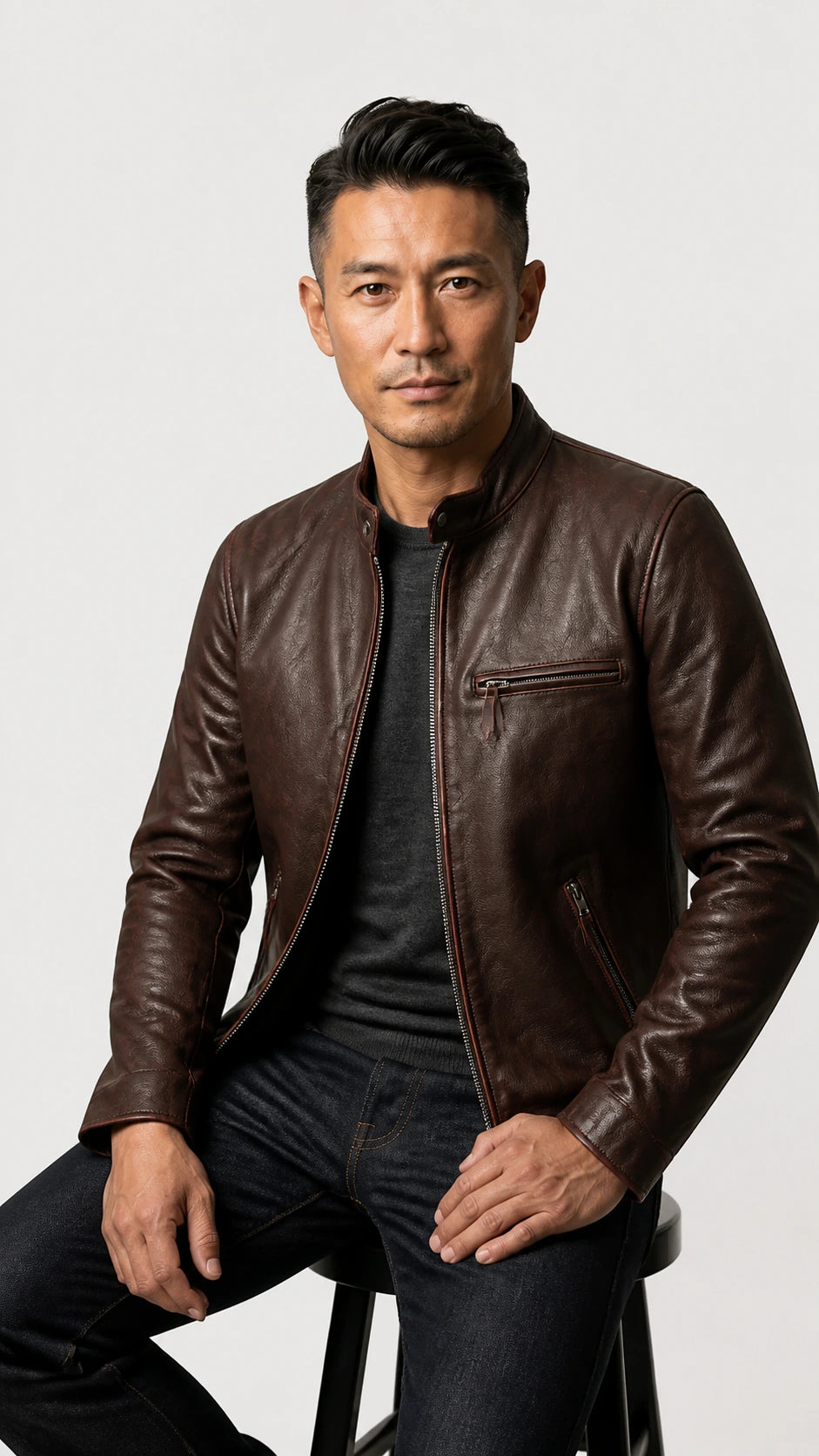 Man seated wearing the oxblood cafe racer jacket