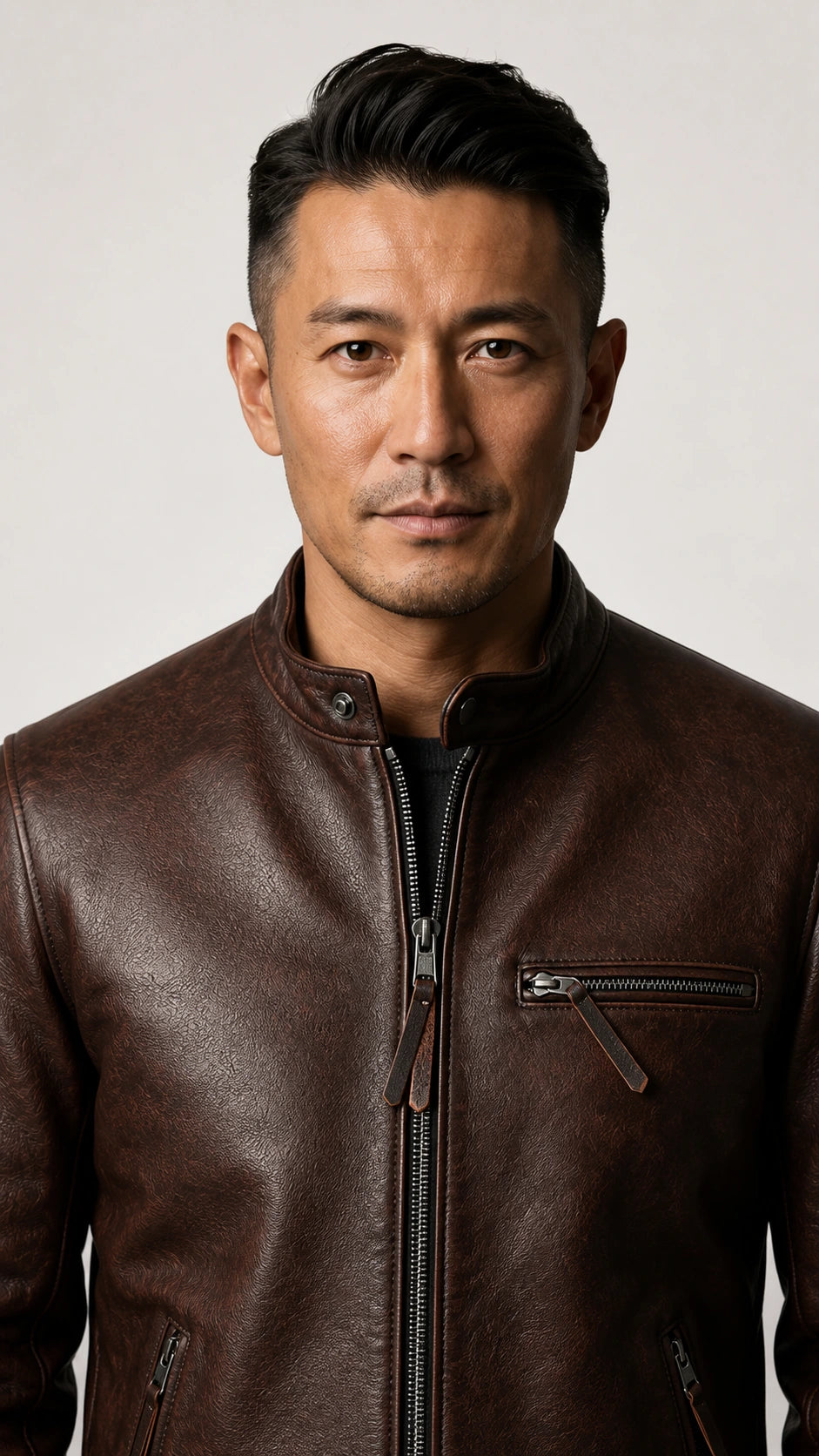 Close-up of the stand collar and zip chest pocket in oxblood leather