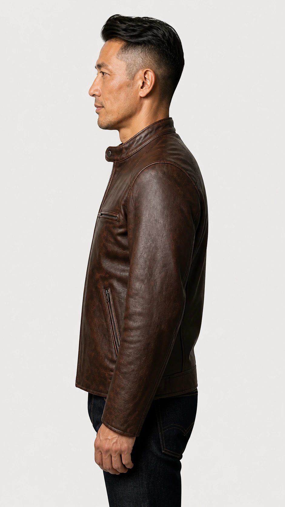 Side profile of the oxblood cafe racer leather jacket on the model