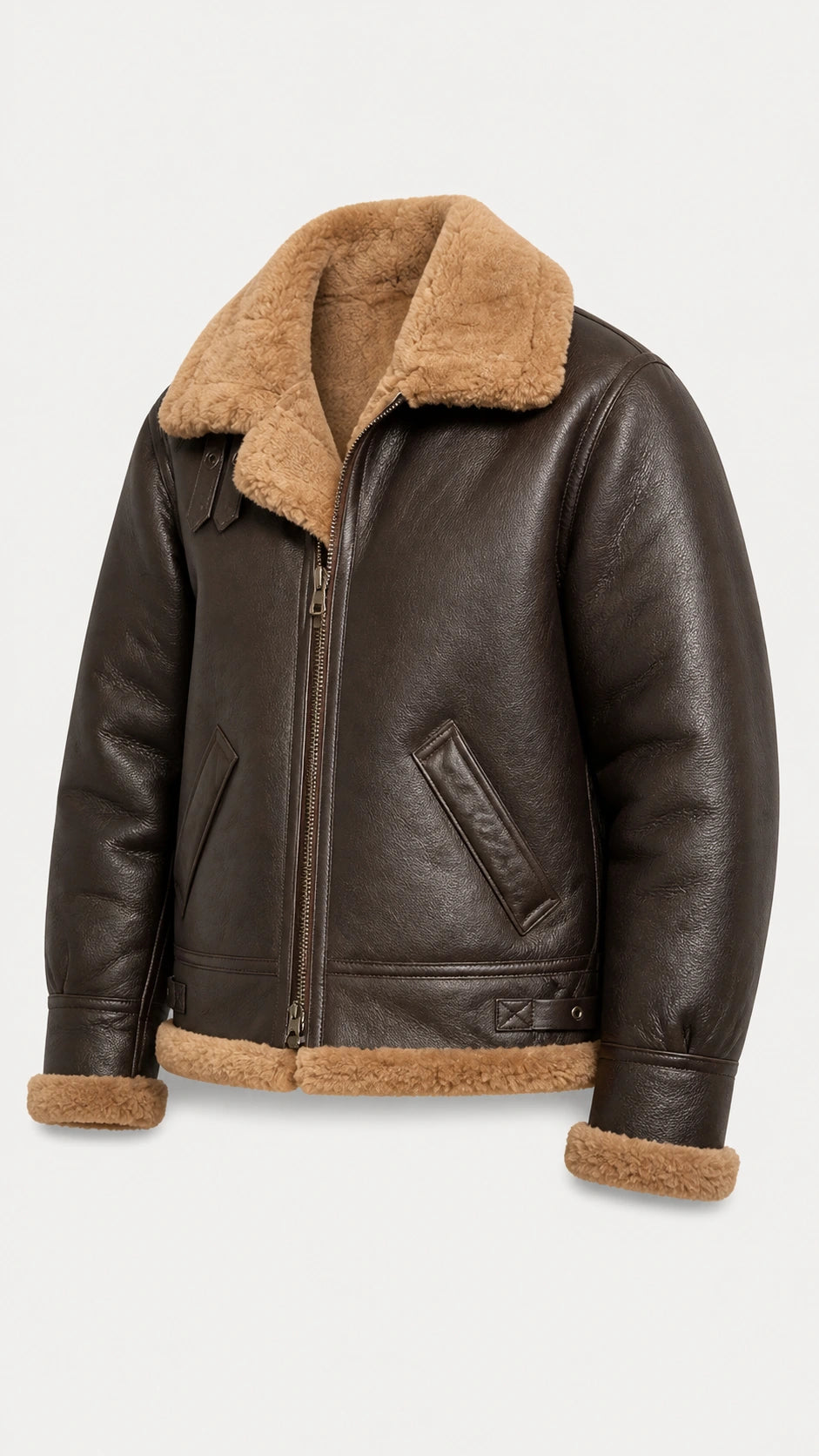 Brown shearling B-3 jacket at an angle with the collar turned up