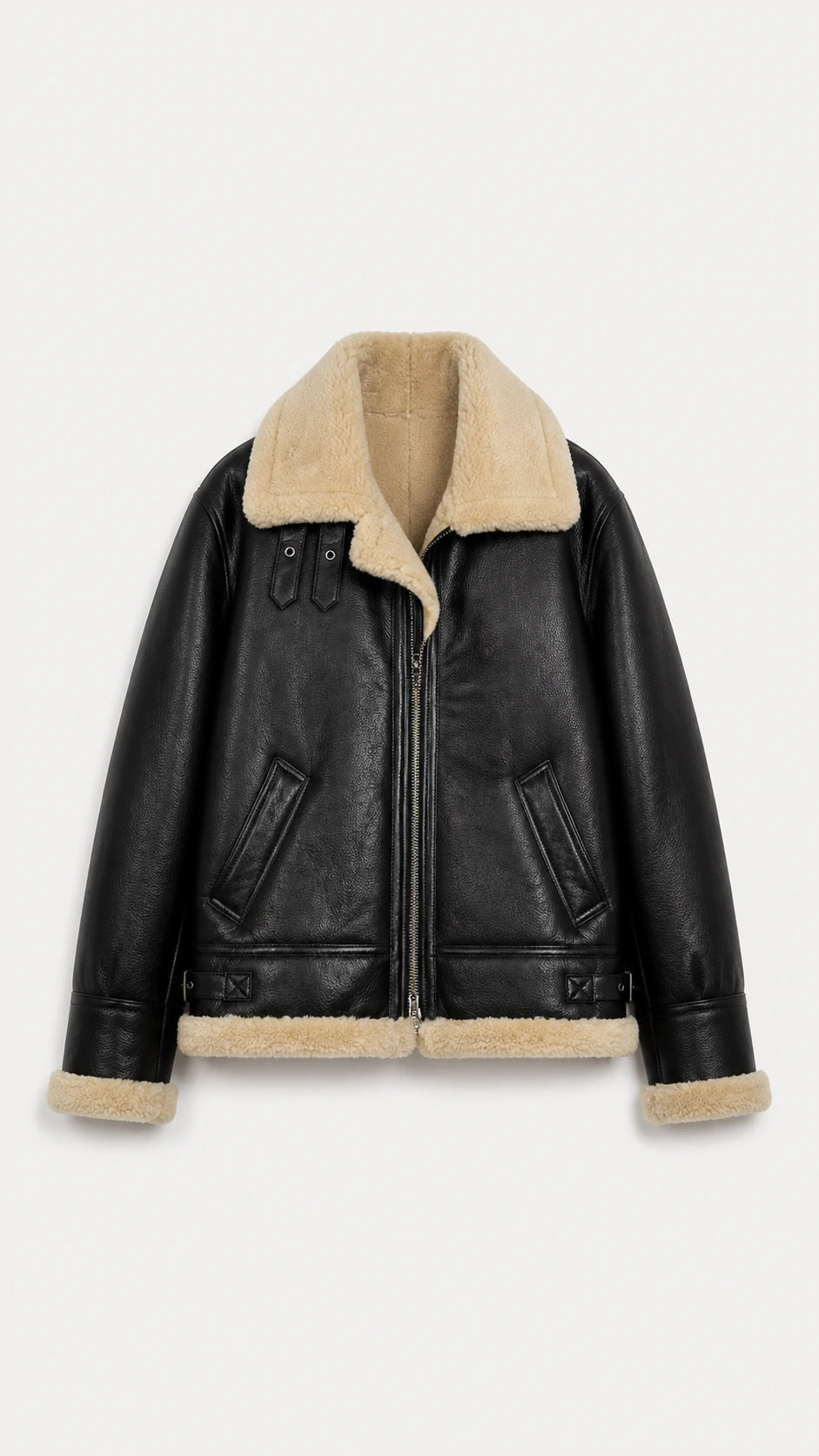Men's black B-3 shearling flight jacket with cream wool collar, front view