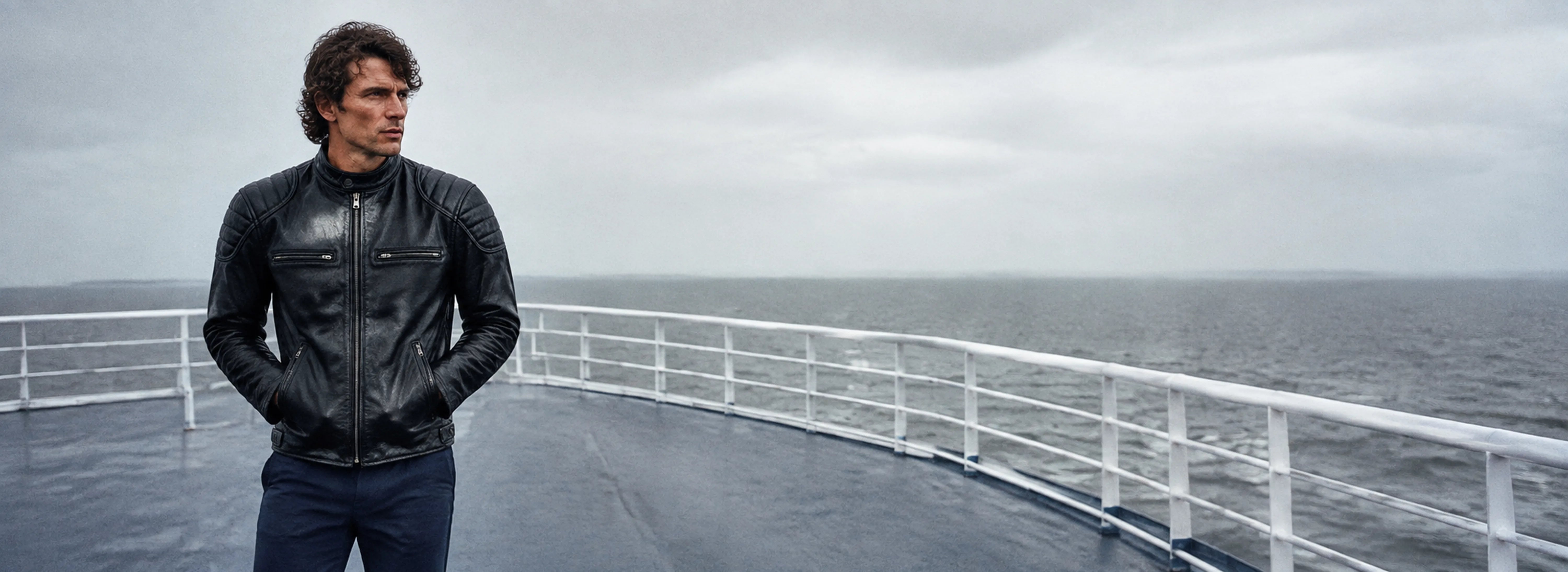 Man wearing an EKROZ Vintage Leather Biker Jacket on a ferry deck