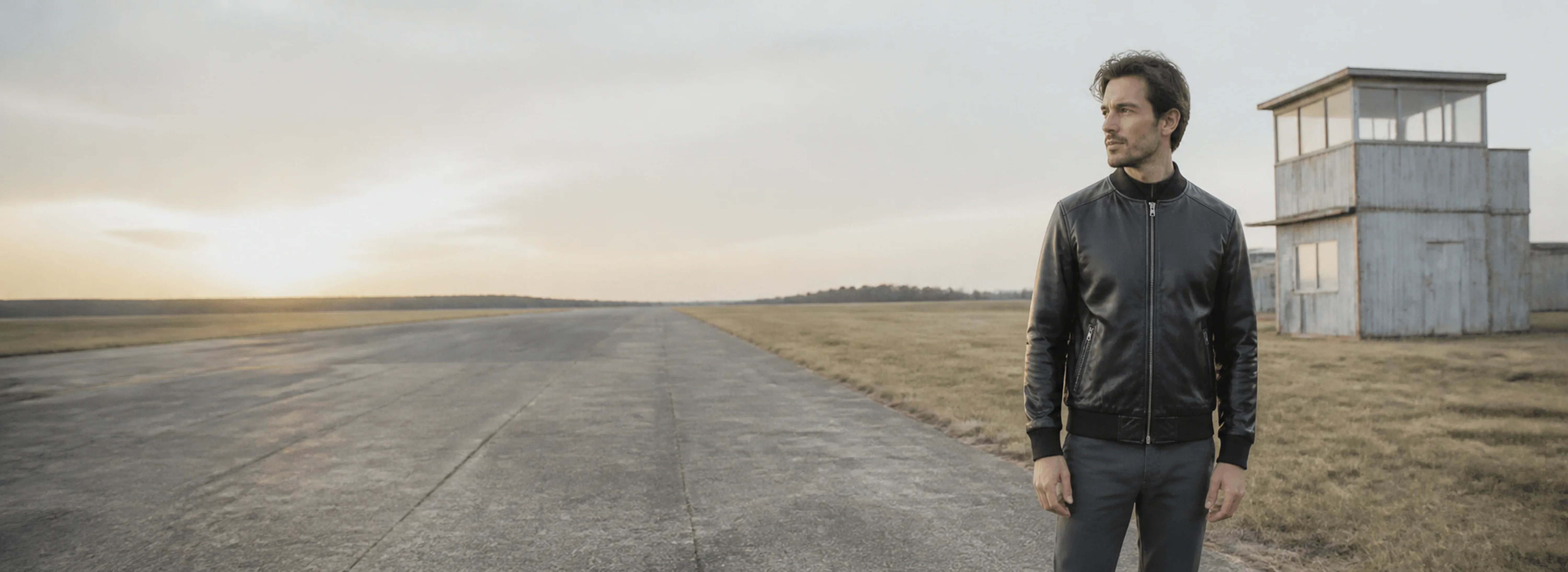 Man wearing an EKROZ black leather bomber jacket at a rural airfield